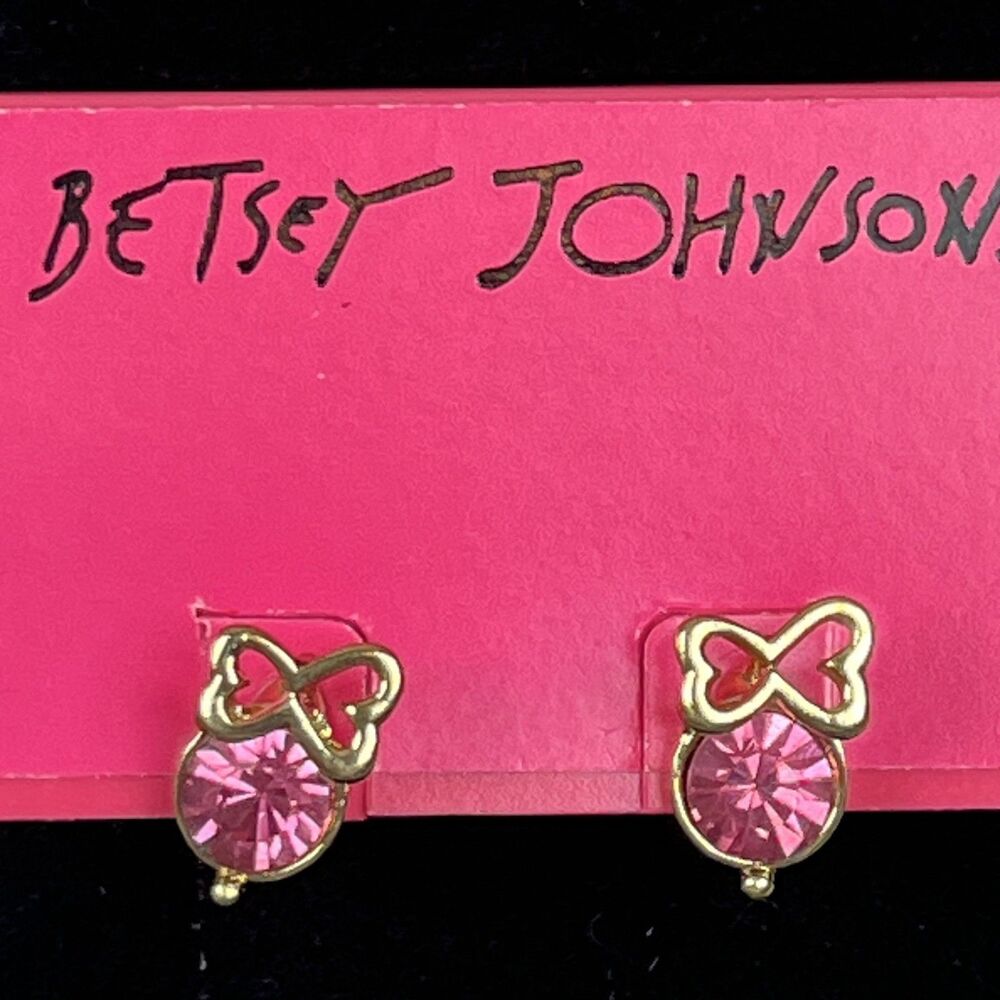Betsey Johnson Pink Bow Stud Earrings Gold Tone Rhinestone Womens Jewelry Cute - Picture 2 of 7